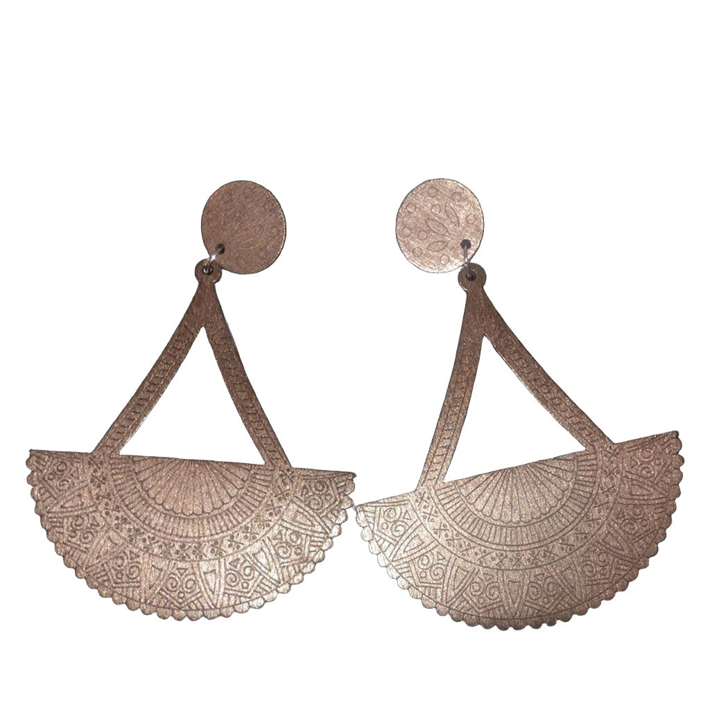 A pair of half-moon shaped wooden earrings with a brown coloring.